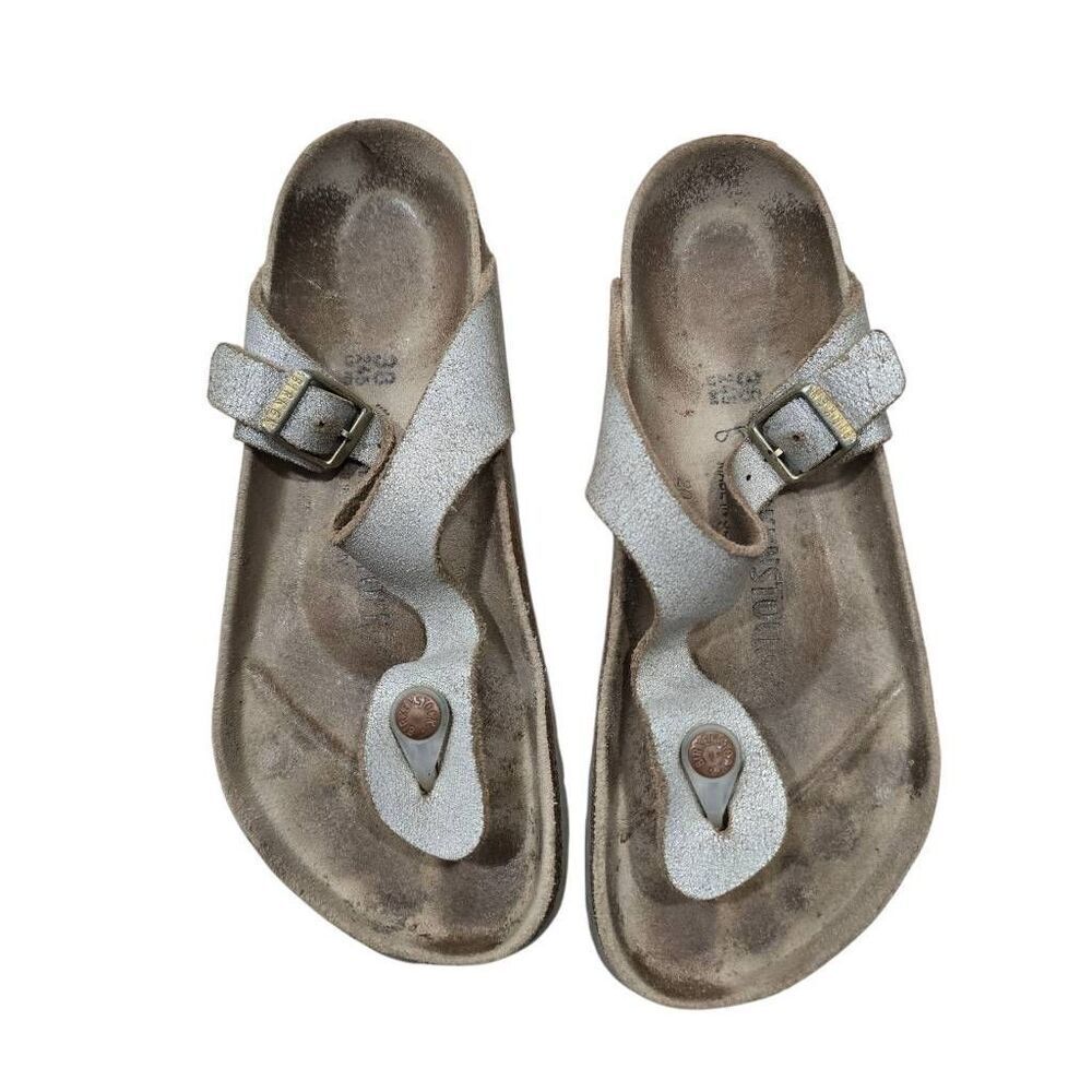 Birkenstock Flip‎ Flop Sandals Women's 38 Silver Slip On Buckle Strap Open Toe